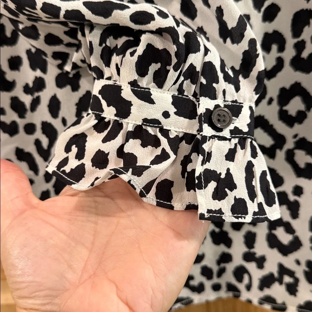 J. Crew Black and White Silk Animal Print Button Down Tie Neck Preppy Top